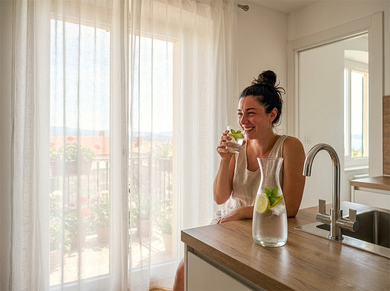 caldo estate in casa - ragazza beve bicchiere acqua